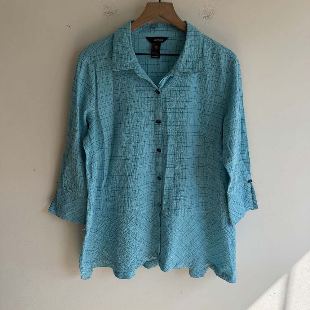 Ali Miles Teal Blue Cotton Crinkle Gauze Size L Blouse Artsy Boho Art To Wear